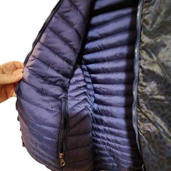 Reversible Blue Leopard Print Puffer Jacket W/ Hood S Roosevelt American College - Picture 4 of 5